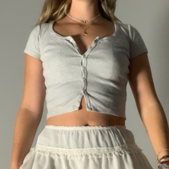 Grey and white striped brandy Melville button up crop top - Picture 3 of 9